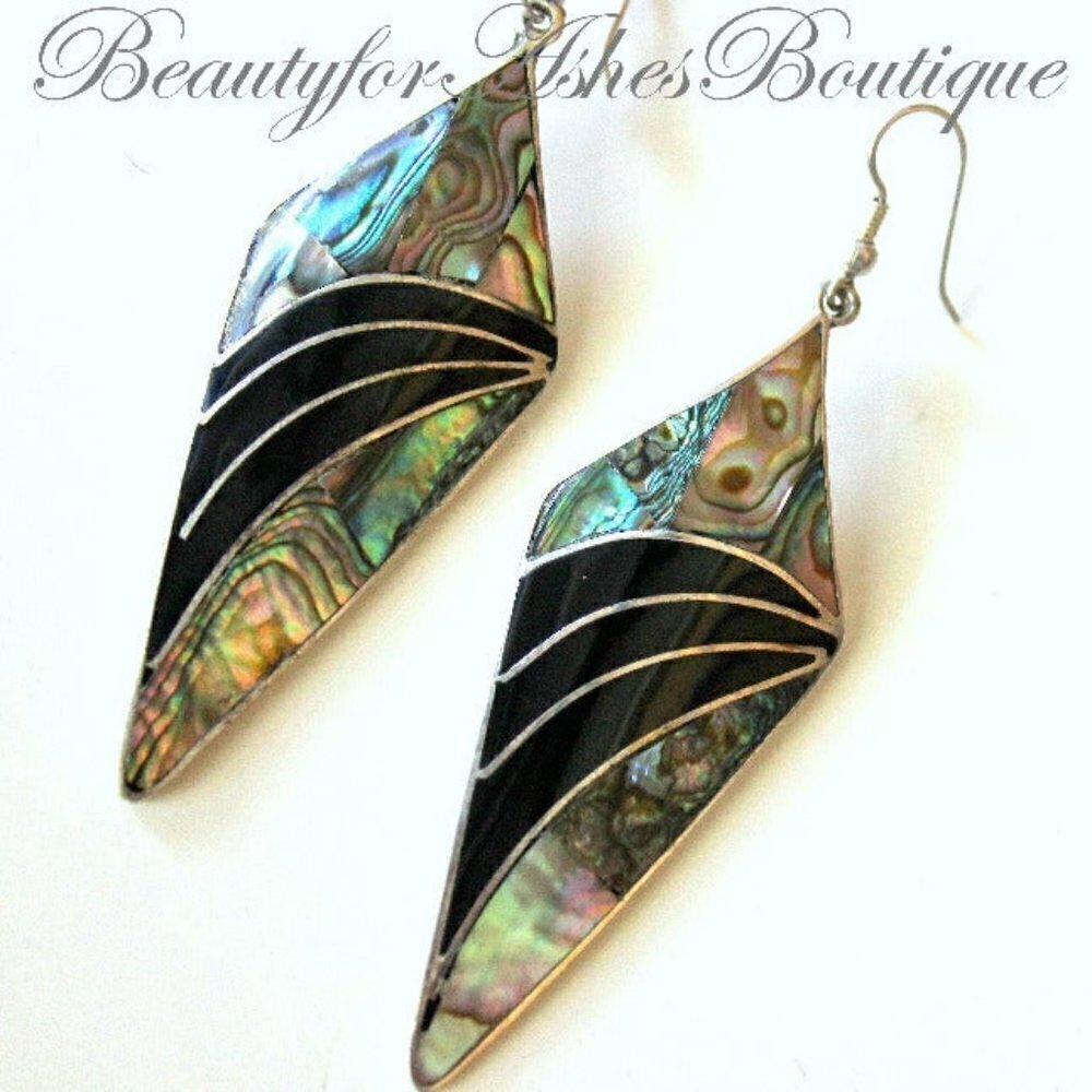 3.25" Long Multicolor Abalone Shell & Black Sterling Silver Dangle Earrings